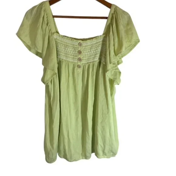 Maurices Top Women 2X Light Green Smocked Ruffle Split Neck Flutter Sleeve Boho - Picture 2 of 14